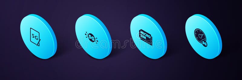 Set Isometric Digital speed meter 5G, Micro Sim Card, network and Graphic tablet with icon. Vector stock illustration