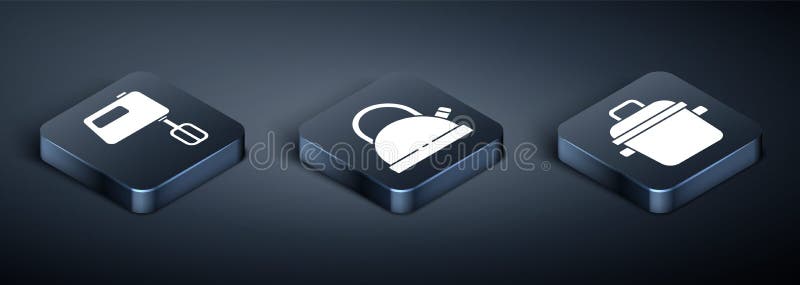 Set Isometric Electric mixer, Cooking pot and Kettle with handle icon. Vector royalty free illustration