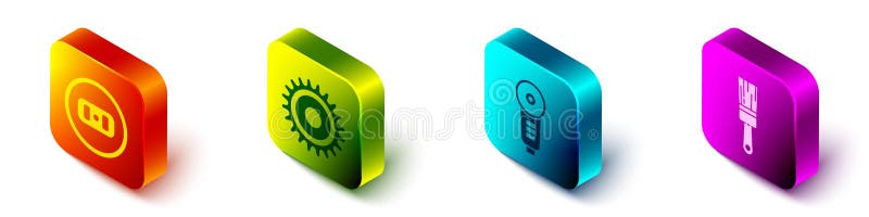 Set Isometric Electrical outlet, Circular saw blade, Angle grinder and Paint brush icon. Vector vector illustration