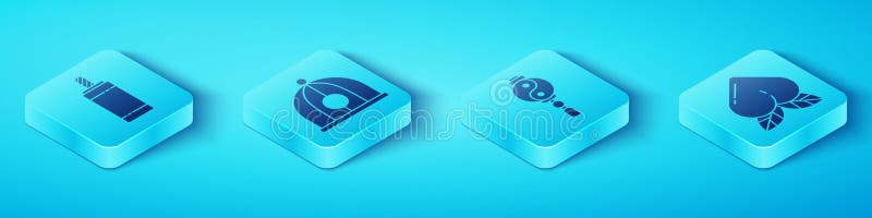 Set Isometric Firework, Chinese hat, Peach fruit and Yin Yang icon. Vector royalty free illustration