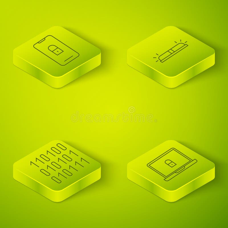 Set Isometric Flasher siren, Binary code, Laptop and lock and Mobile with closed padlock icon. Vector royalty free illustration