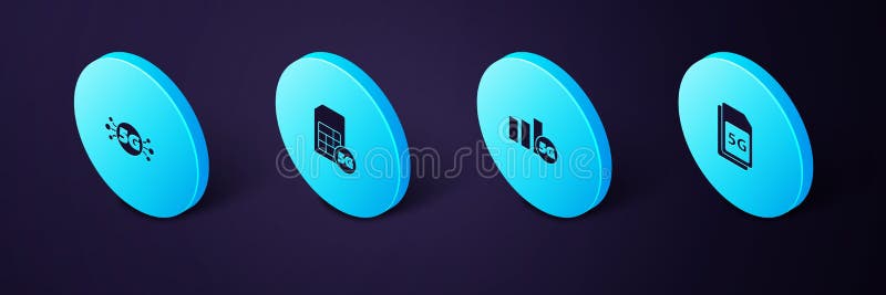 Set Isometric 5G Sim Card, network, and icon. Vector stock illustration
