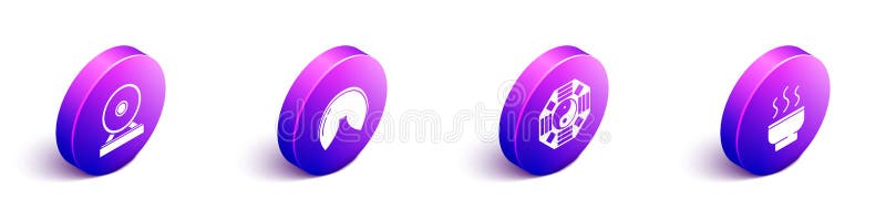 Set Isometric Gong, Chinese fortune cookie, Yin Yang and Chinese tea ceremony icon. Vector royalty free illustration