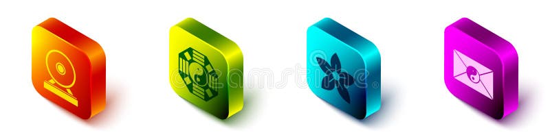 Set Isometric Gong, Yin Yang, Lotus flower and Yin Yang and envelope icon. Vector stock illustration