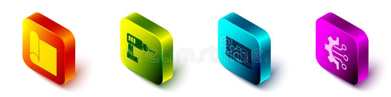 Set Isometric Graphing paper for engineering, Electric drill machine, Laptop and gear and Algorithm icon. Vector vector illustration