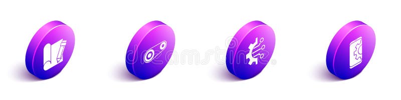 Set Isometric Graphing paper and pencil, Timing belt kit, Algorithm and Setting on smartphone icon. Vector stock illustration
