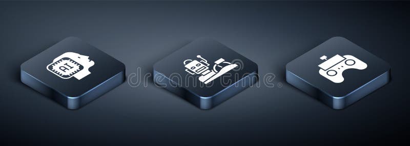 Set Isometric Humanoid robot, Remote control and Robot humanoid driving car icon. Vector vector illustration
