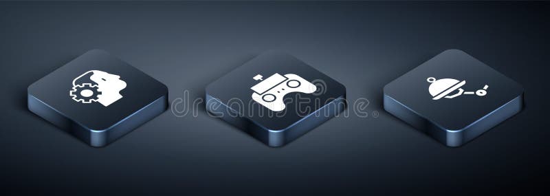 Set Isometric Humanoid robot, Waiter and Remote control icon. Vector stock illustration