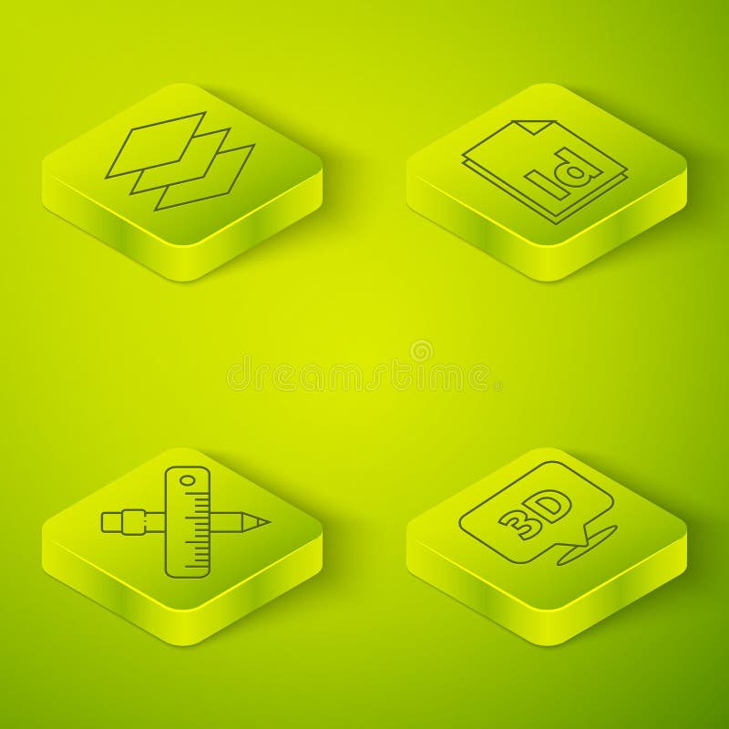 Set isometric id file document crossed ruler and pencil speech bubble with text d layers icon vector royalty-vrije illustratie