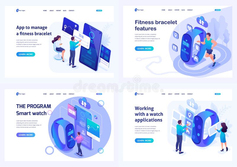 Set isometric landing pages, mobile application testing concepts for smart watches and fitness wristband. For website and mobile royalty free illustration Set isometric landing pages, mobile application testing concepts for smart watches and fitness wristband. For website and mobile royalty free illustration