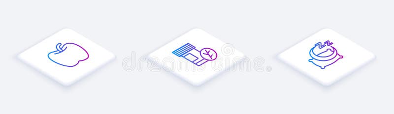 Set Isometric line Apple, Vitamin pill and Time to sleep. White square button. Vector.