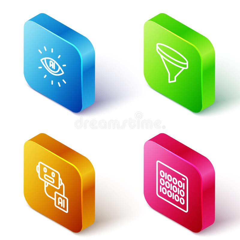 Set Isometric line Artificial intelligence AI, Funnel or filter, robot and Binary code icon. Vector royalty free illustration