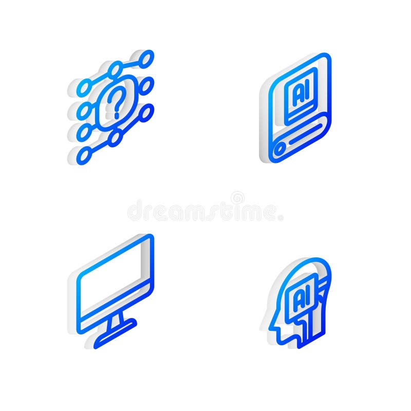 Set Isometric line Artificial intelligence AI, Neural network, Computer monitor and Humanoid robot icon. Vector royalty free illustration