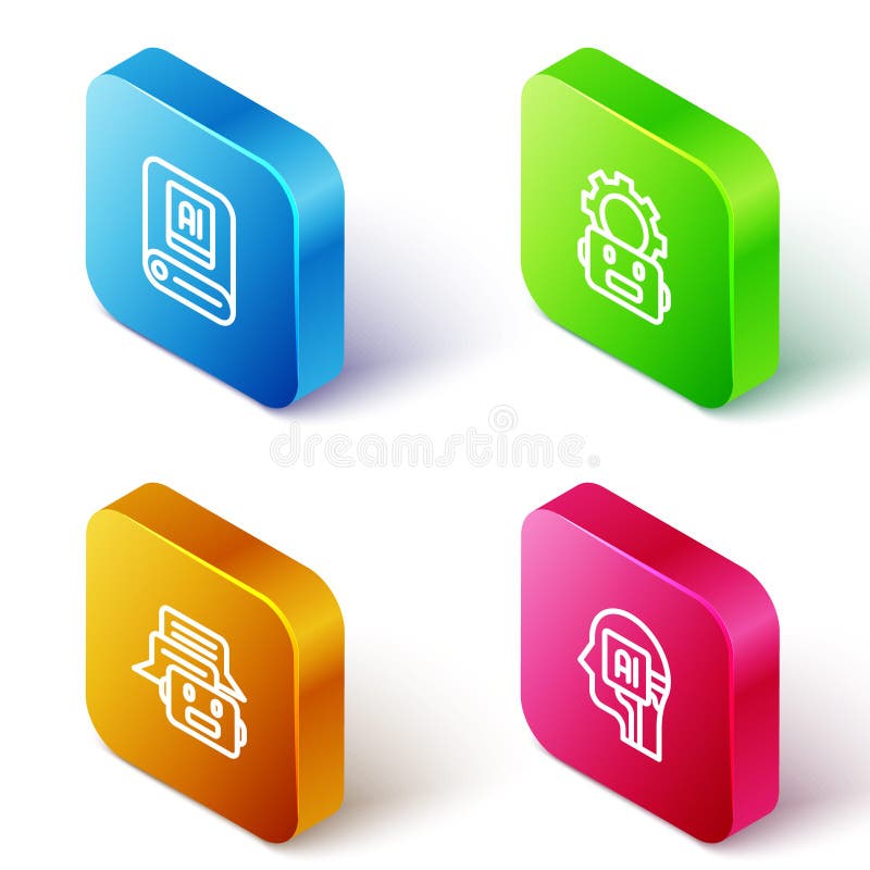 Set Isometric line Artificial intelligence AI, Robot setting, Chat and Humanoid robot icon. Vector stock illustration