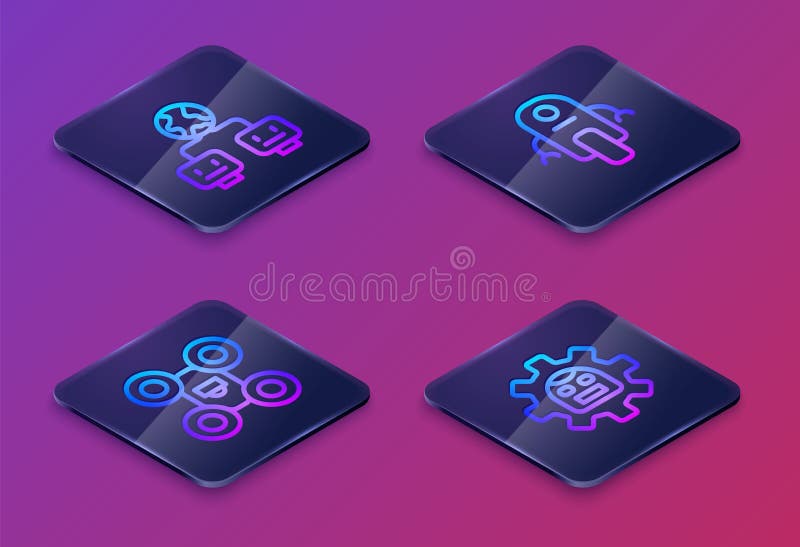 Set Isometric line Artificial intelligence, Drone, Robot and. Blue square button. Vector royalty free illustration