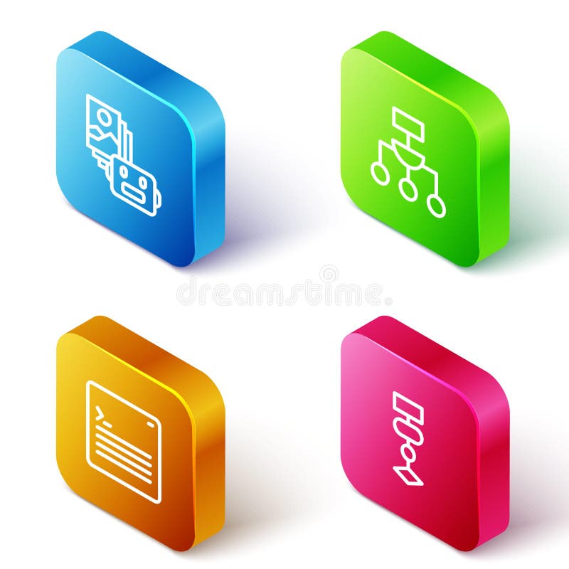 Set Isometric line Artificial intelligence robot, Algorithm, Web developer programming code and icon. Vector royalty free illustration