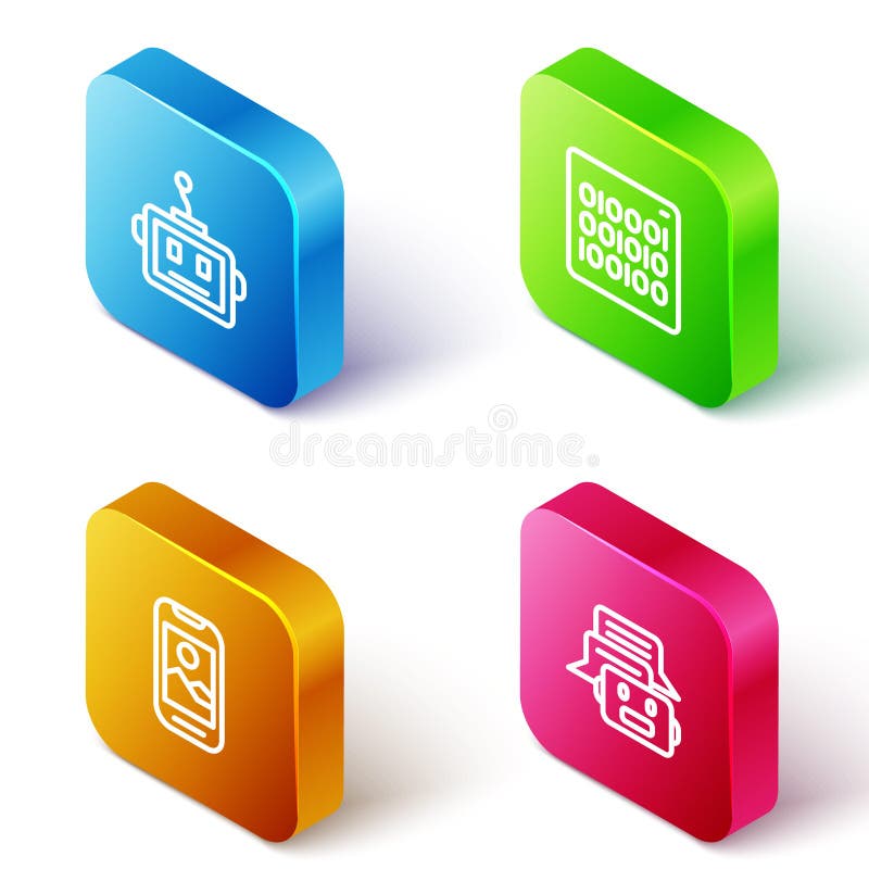 Set Isometric line Artificial intelligence robot, Binary code, Mobile phone and Chat icon. Vector vector illustration