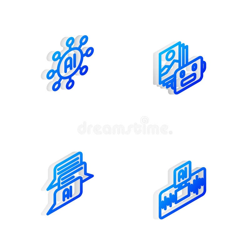 Set Isometric line Artificial intelligence robot, Neural network, Chat and AI icon. Vector royalty free illustration