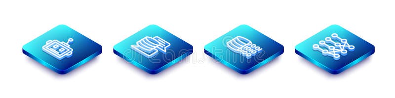 Set Isometric line Artificial intelligence robot, Server, Data, Binary code and Neural network icon. Vector stock illustration
