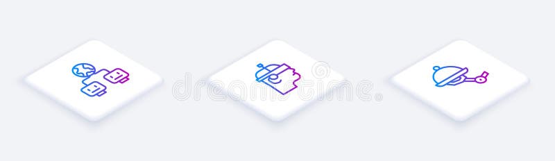Set Isometric line Artificial intelligence, Smart glasses and Waiter robot. White square button. Vector royalty free illustration