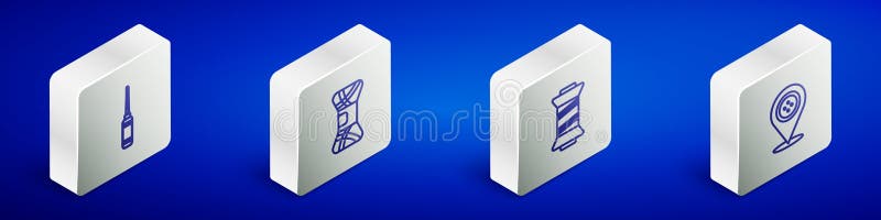 Set Isometric line Awl tool, Yarn, Sewing thread and Location tailor shop icon. Vector royalty free illustration