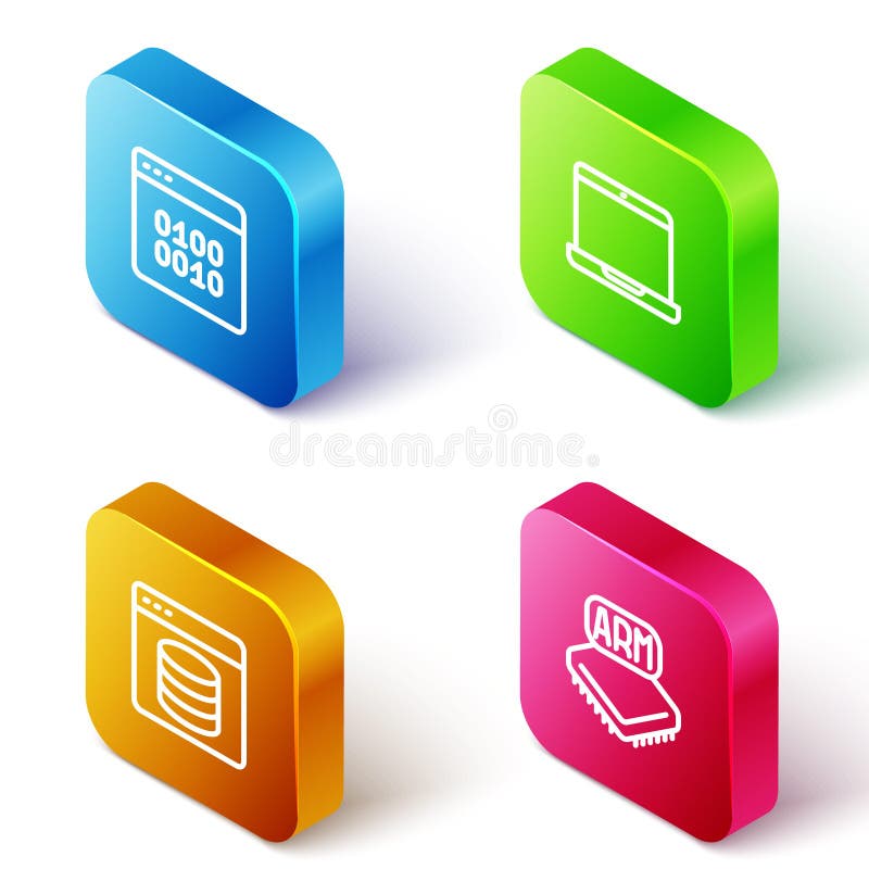 Set Isometric line Binary code, Laptop, Server, Data, Web Hosting and Processor icon. Vector vector illustration
