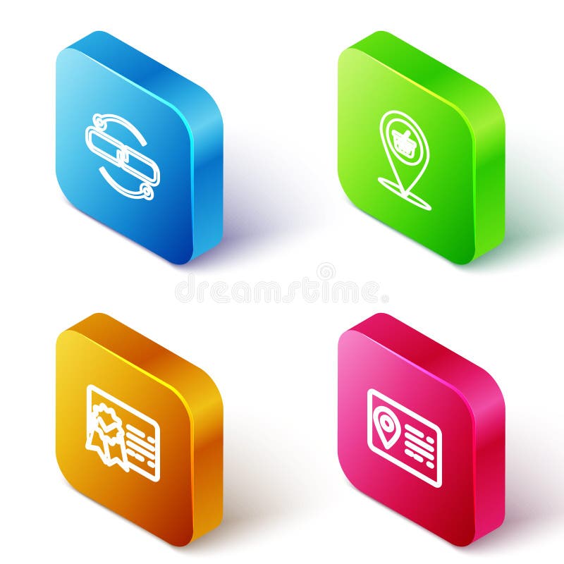 Set Isometric line Chain link line, Location shopping basket, Certificate template and Address book icon. Vector vector illustration