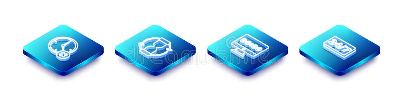 Set Isometric line Clock delete, Old hourglass, on monitor and 24 hours icon. Vector vector illustration