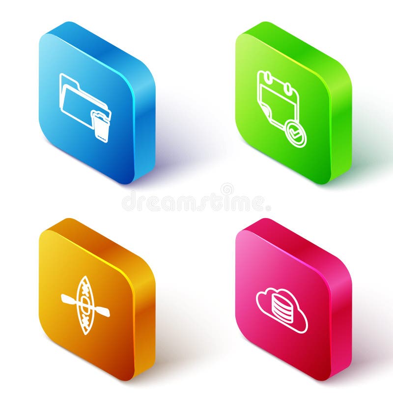 Set Isometric line Delete folder, Calendar with check mark, Kayak and paddle and Cloud database icon. Vector stock illustration