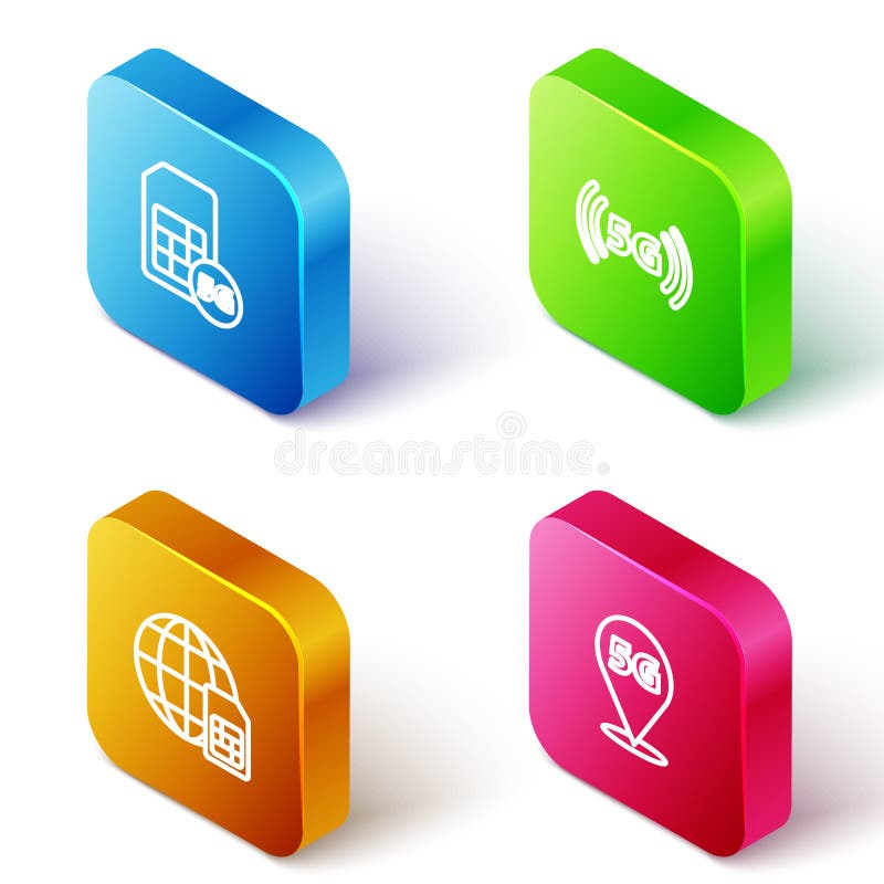 Set Isometric line 5G Sim Card, network, Globe and Location icon. Vector vector illustration