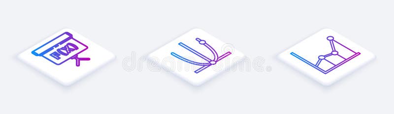 Set Isometric line Geometric figure Cube, Ringing bell and Sigma symbol. White square button. Vector stock illustration