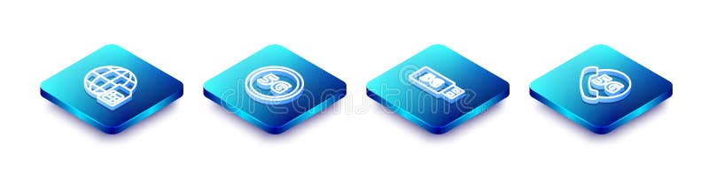 Set Isometric line Globe 5G Sim Card, network, modem and Phone with icon. Vector royalty free illustration