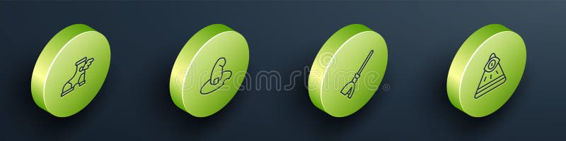 Set Isometric line Hermes sandal, Witch hat, Witches broom and Masons icon. Vector vector illustration