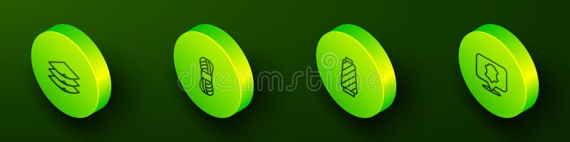 Set Isometric line Layers clothing textile, Yarn, Sewing thread on spool and Leather icon. Vector stock illustration