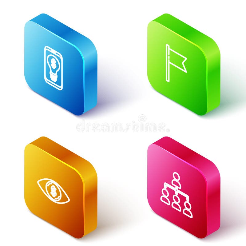 Set Isometric line Light bulb with dollar on mobile, Location marker, Eye and Hierarchy organogram chart icon. Vector.