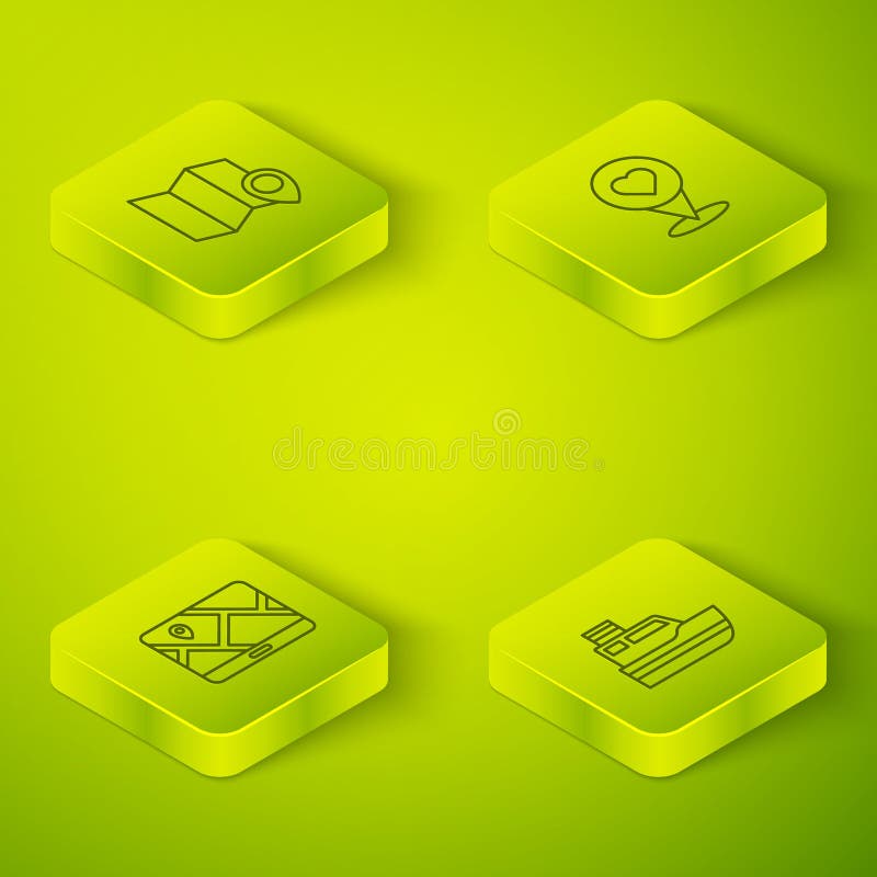 Set Isometric line Location with heart, City map navigation, Ship line path and Folded location marker icon. Vector royalty free illustration