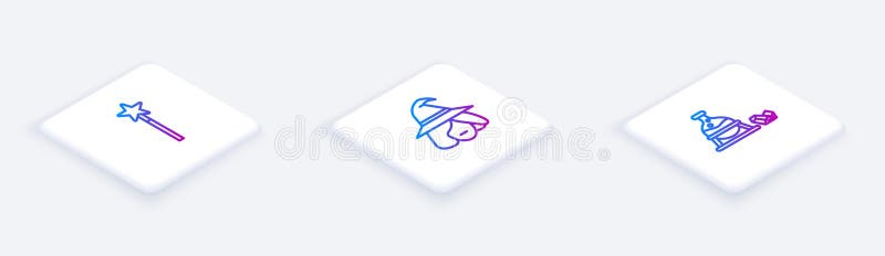 Set Isometric Line Magic Wand, Witch and Cauldron Magic Stone. White ...
