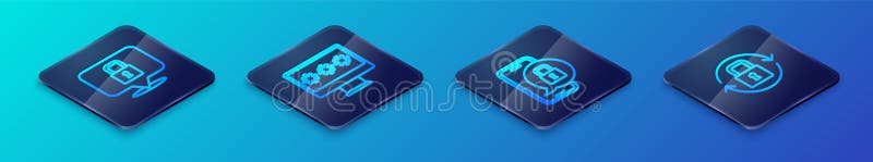 Set Isometric line Mobile with closed padlock, Lock, and Monitor password icon. Vector vector illustration