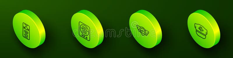 Set Isometric line Mobile with ticket, Attitude indicator, Aviation emblem and Pilot hat icon. Vector royalty free illustration