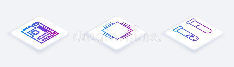Set Isometric line Motherboard, Processor with microcircuits CPU and Test tube and flask. White square button stock illustration