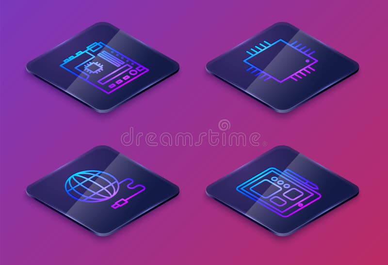 Set Isometric line Motherboard, Social network, Processor with microcircuits CPU and Graphic tablet. Blue square button vector illustration