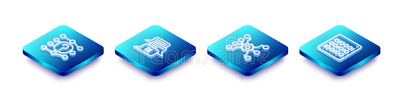 Set Isometric line Neural network, Chat bot, and Binary code icon. Vector stock illustration
