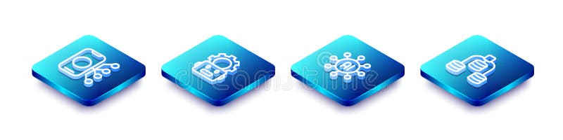 Set Isometric line Neural network, Robot setting, and Server, Data icon. Vector vector illustration