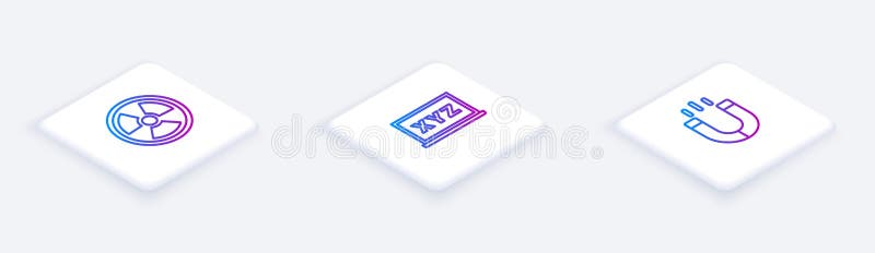Set Isometric line Radioactive, XYZ Coordinate system and Magnet. White square button. Vector royalty free illustration