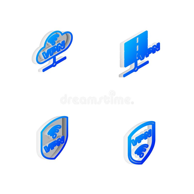 Set isometric line server vpn red cloud connection shield con conexión inalámbrica e icono. vector.