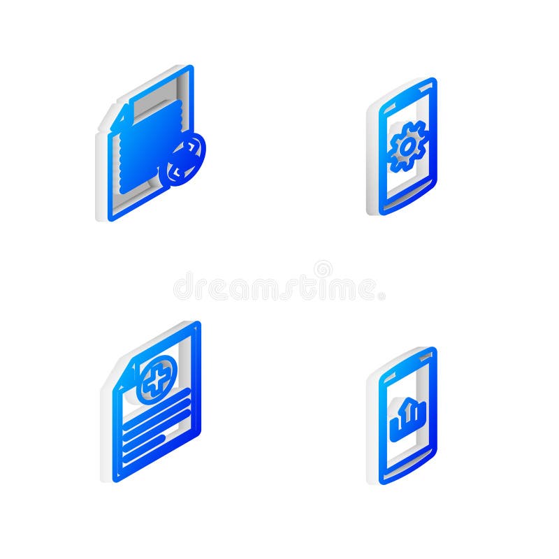 Set Isometric line Setting on smartphone, Transfer files, Clinical record and Smartphone with upload icon. Vector royalty free illustration