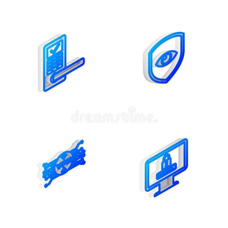 Set Isometric line Shield and eye, Digital door lock with wireless, VPN microchip circuit and Monitor password icon vector illustration