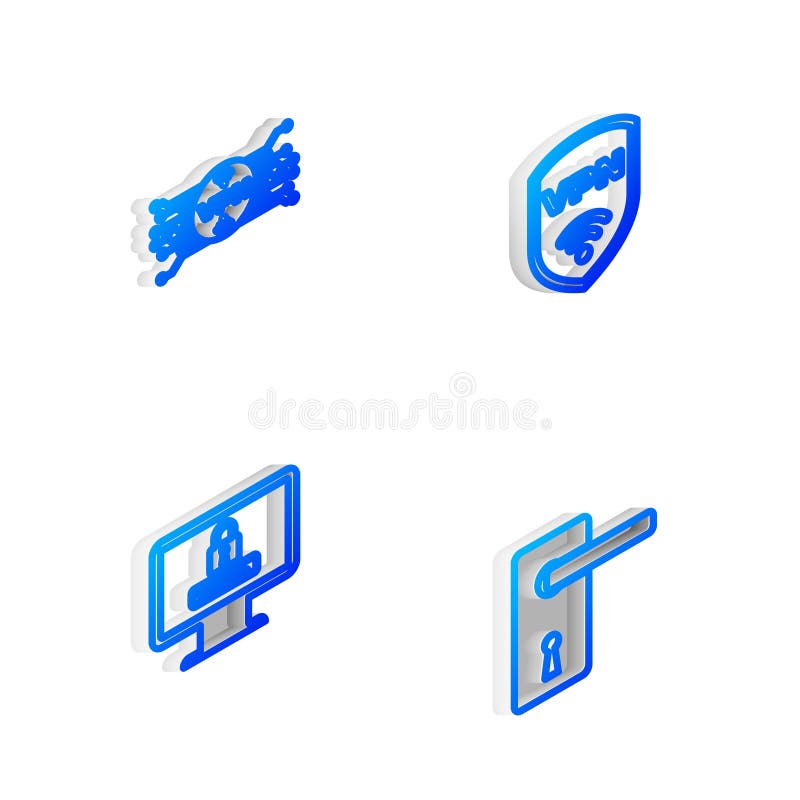 Set Isometric line Shield with VPN wireless, microchip circuit, Monitor password and Door handle icon. Vector stock illustration