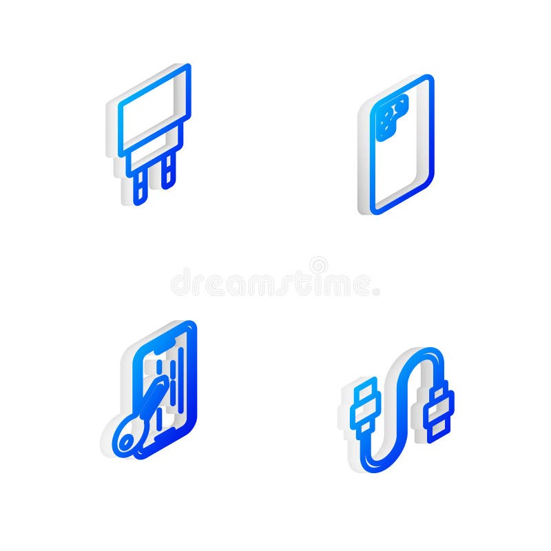 Set Isometric line Smartphone, Charger, Glass screen protector and USB cable cord icon. Vector stock illustration