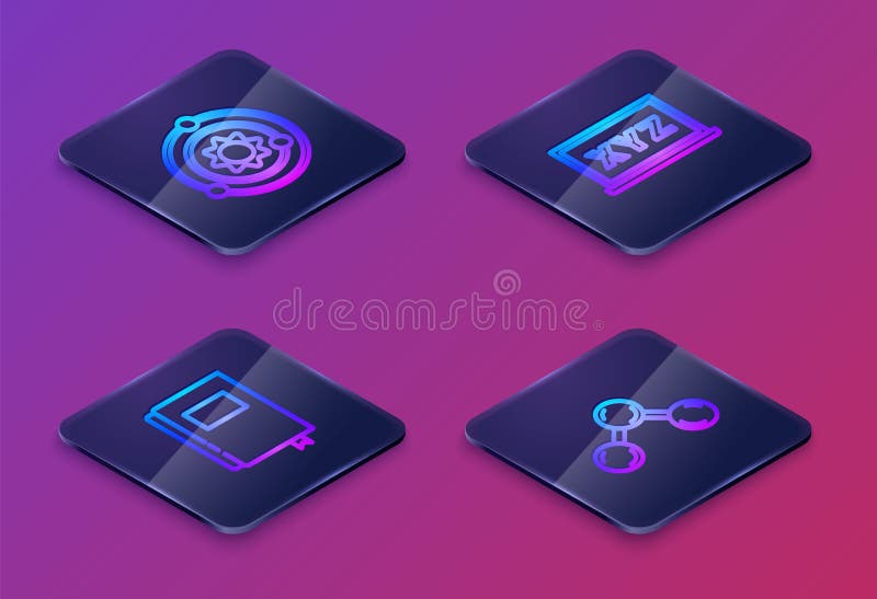 Set Isometric line Solar system, Book, XYZ Coordinate and Molecule. Blue square button. Vector royalty free illustration